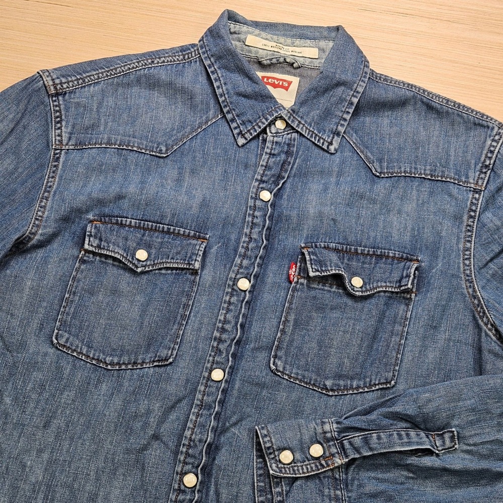 Levi Denim Shirt Mens M Blue Western Pearl Snap Modern Fit Cowboy Casual 3327